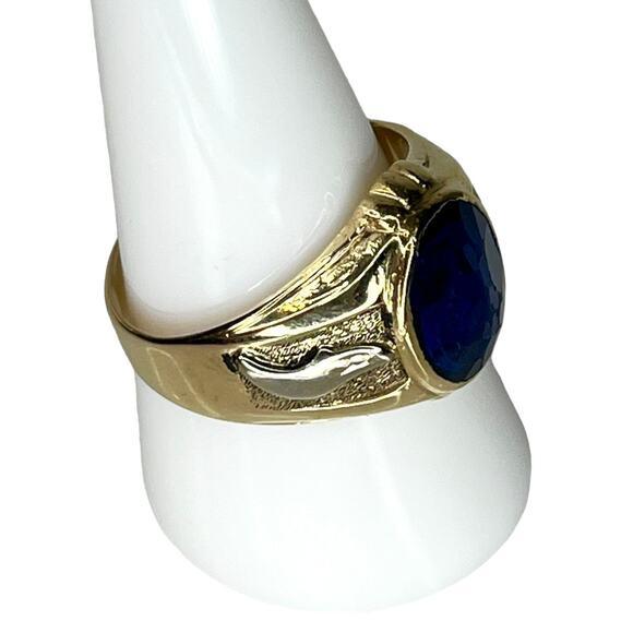 10K Gold BLUE SAPPHIRE RING Mens Size 10 Oval 8x9mm Bezel Set Lab Grown Gemstone - Picture 4 of 10